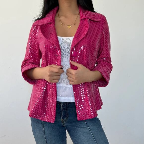 Clara S. Vintage 90s Pink Sequin Vinyl Jacket Blazer Small Barbie Glam Retro Y2k - Picture 1 of 10
